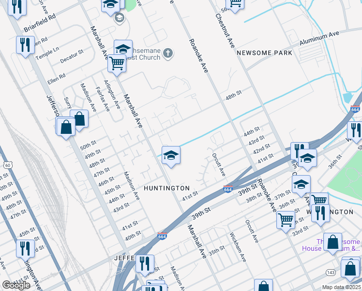 map of restaurants, bars, coffee shops, grocery stores, and more near 1001 44th Street in Newport News