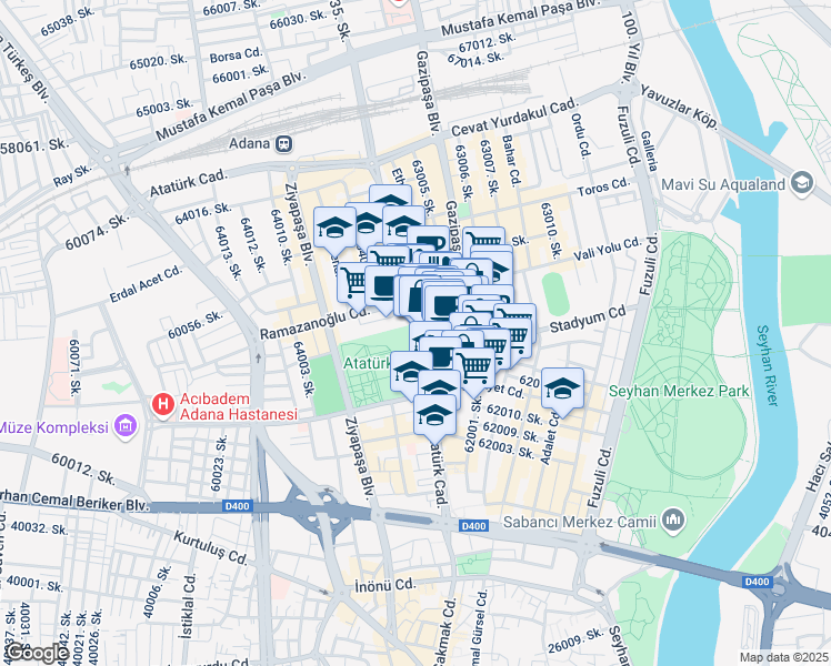 map of restaurants, bars, coffee shops, grocery stores, and more near Atatürk Caddesi in Seyhan