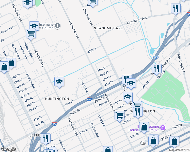 map of restaurants, bars, coffee shops, grocery stores, and more near 4208 Roanoke Avenue in Newport News