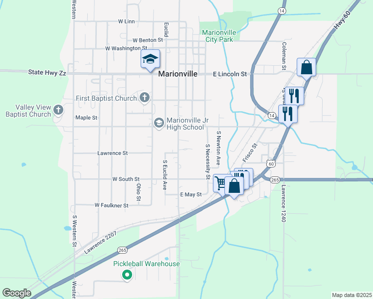 map of restaurants, bars, coffee shops, grocery stores, and more near 104 East Lawrence Street in Marionville