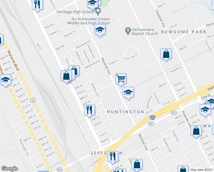 map of restaurants, bars, coffee shops, grocery stores, and more near 773 48th Street in Newport News