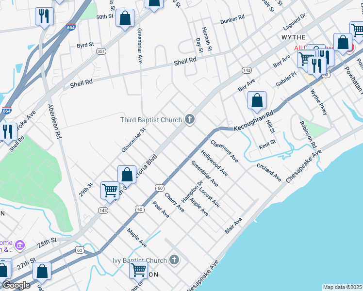 map of restaurants, bars, coffee shops, grocery stores, and more near 324 Greenbriar Avenue in Hampton