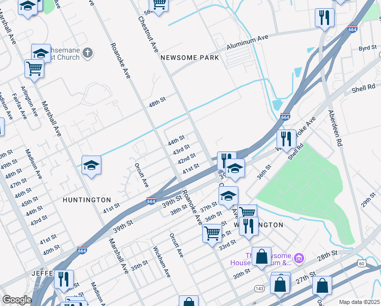 map of restaurants, bars, coffee shops, grocery stores, and more near 1132 42nd Street in Newport News
