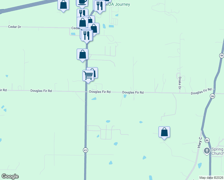 map of restaurants, bars, coffee shops, grocery stores, and more near 5097-5285 Douglas Fir Road in Joplin