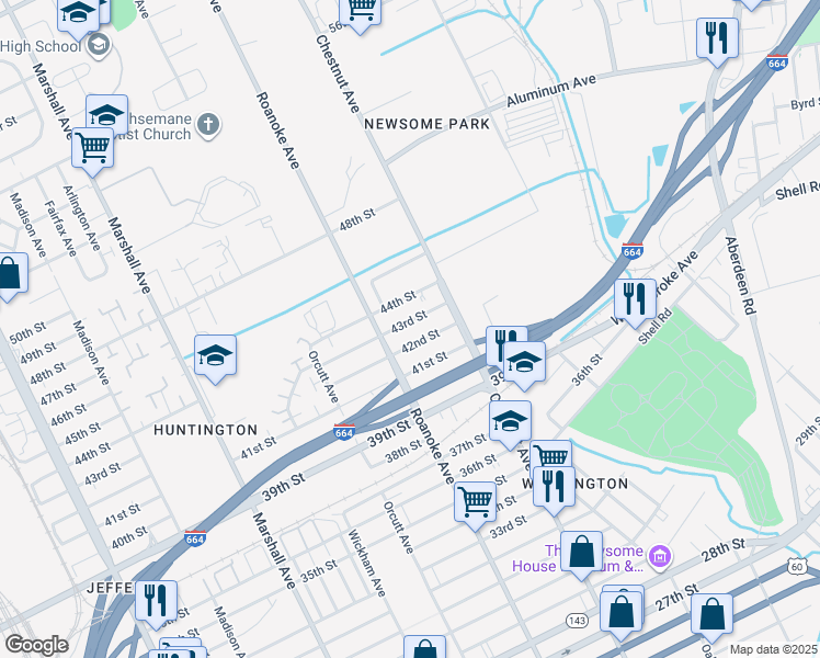 map of restaurants, bars, coffee shops, grocery stores, and more near 1132 42nd Street in Newport News