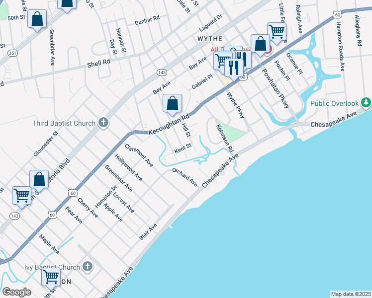 map of restaurants, bars, coffee shops, grocery stores, and more near 52 Piedmont Avenue in Hampton