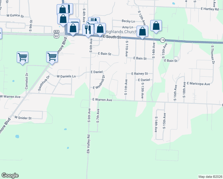 map of restaurants, bars, coffee shops, grocery stores, and more near 701 East Warren Avenue in Ozark