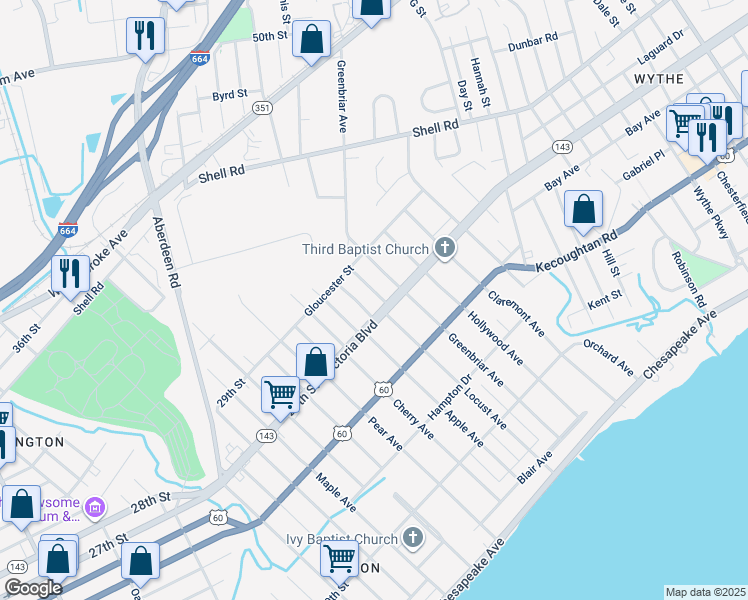 map of restaurants, bars, coffee shops, grocery stores, and more near 363 Leeland Avenue in Hampton