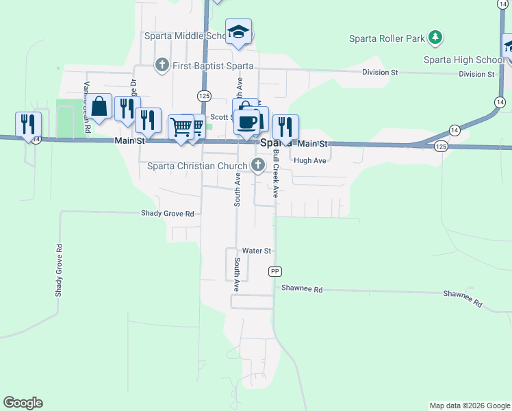 map of restaurants, bars, coffee shops, grocery stores, and more near 314 S Oak Ave in Sparta