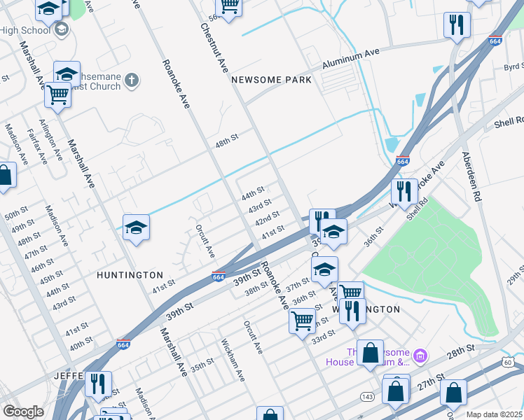 map of restaurants, bars, coffee shops, grocery stores, and more near 1130 43rd Street in Newport News
