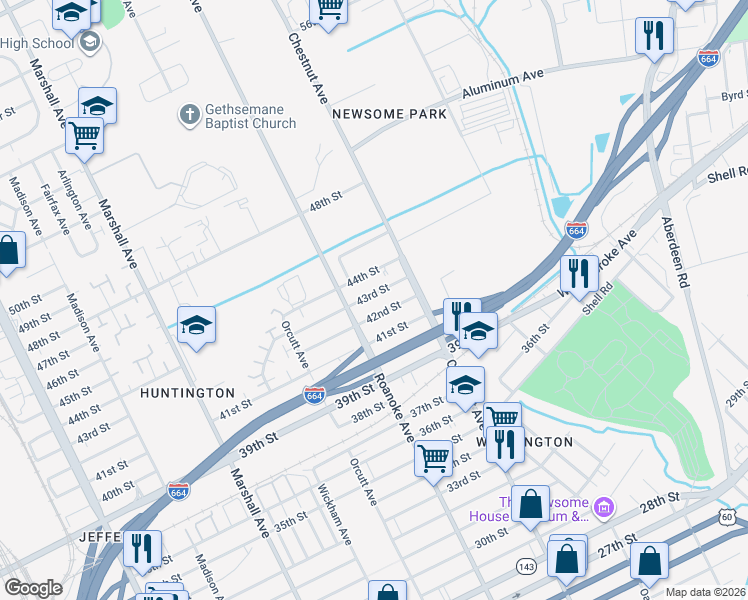 map of restaurants, bars, coffee shops, grocery stores, and more near 1132 42nd Street in Newport News