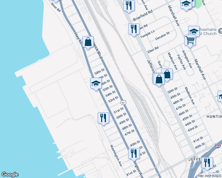 map of restaurants, bars, coffee shops, grocery stores, and more near 334 54th Street in Newport News