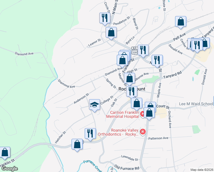 map of restaurants, bars, coffee shops, grocery stores, and more near 120 West College Street in Rocky Mount