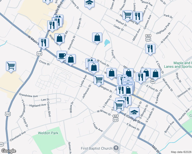 map of restaurants, bars, coffee shops, grocery stores, and more near 500 West Main Street in Glasgow
