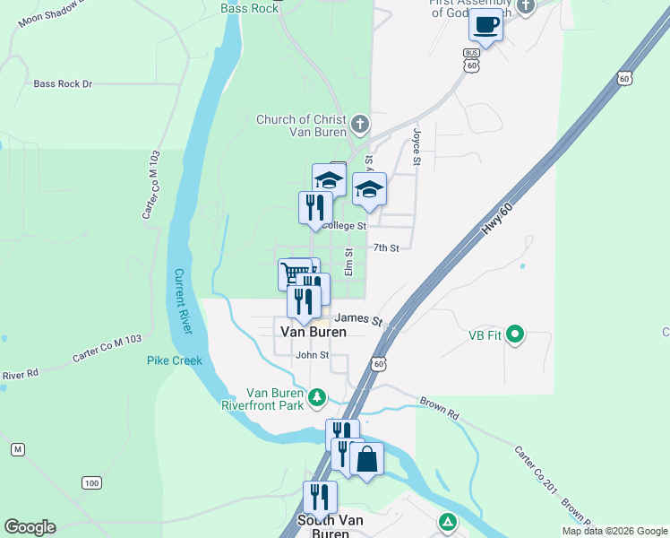 map of restaurants, bars, coffee shops, grocery stores, and more near 502 Sycamore Street in Van Buren