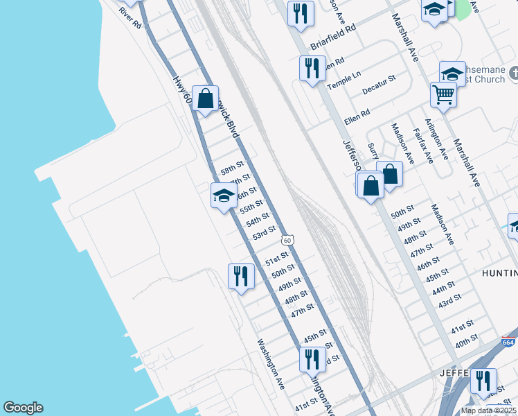 map of restaurants, bars, coffee shops, grocery stores, and more near 334 54th Street in Newport News