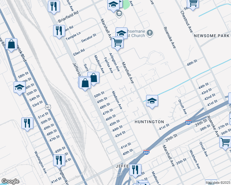 map of restaurants, bars, coffee shops, grocery stores, and more near 4900 Madison Avenue in Newport News