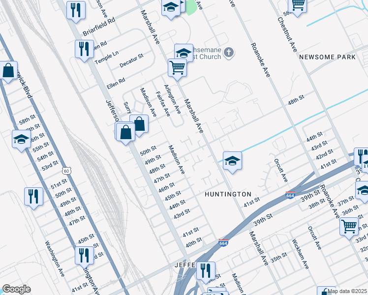 map of restaurants, bars, coffee shops, grocery stores, and more near 4917 Rochester Court in Newport News