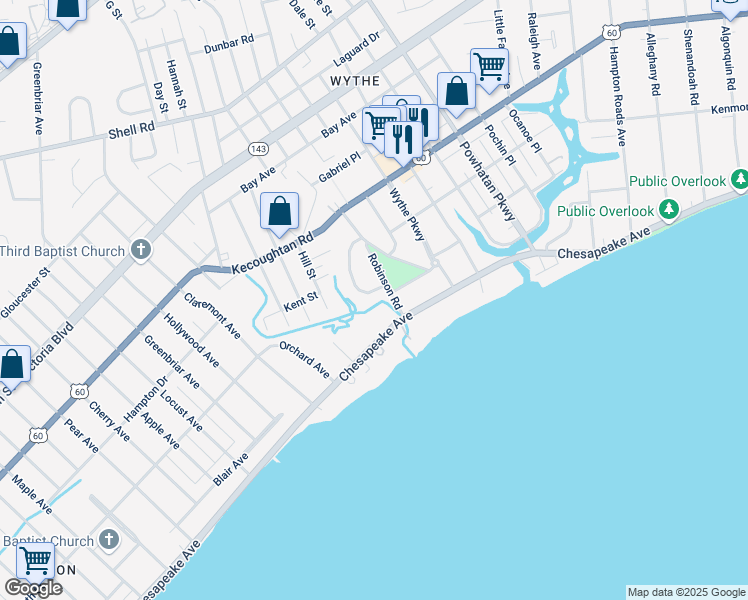 map of restaurants, bars, coffee shops, grocery stores, and more near 1615 Chesapeake Avenue in Hampton