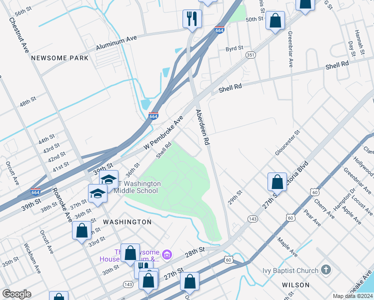 map of restaurants, bars, coffee shops, grocery stores, and more near 106 Maple Avenue in Hampton