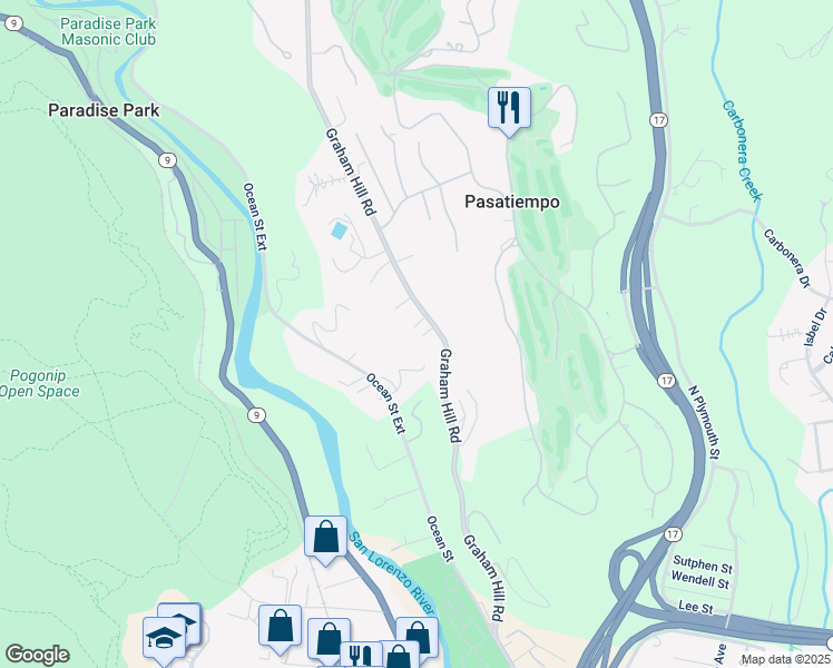 map of restaurants, bars, coffee shops, grocery stores, and more near 631 Graham Hill Road in Santa Cruz