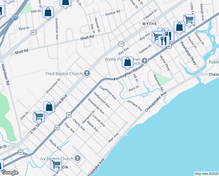 map of restaurants, bars, coffee shops, grocery stores, and more near 200 Claremont Avenue in Hampton