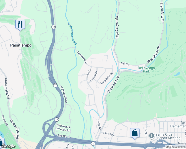 map of restaurants, bars, coffee shops, grocery stores, and more near 209 Calcita Drive in Santa Cruz