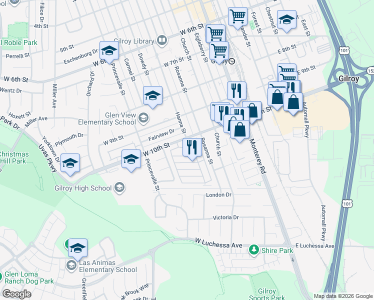 map of restaurants, bars, coffee shops, grocery stores, and more near 500 West 10th Street in Gilroy