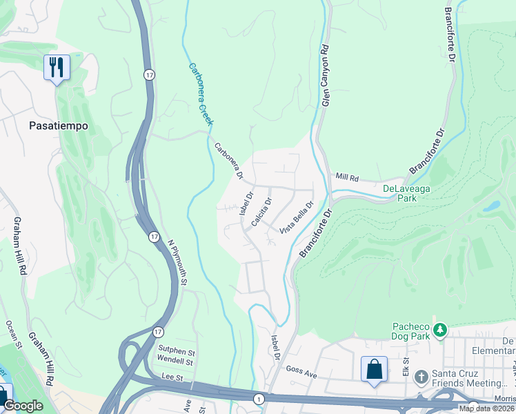 map of restaurants, bars, coffee shops, grocery stores, and more near 209 Calcita Drive in Santa Cruz
