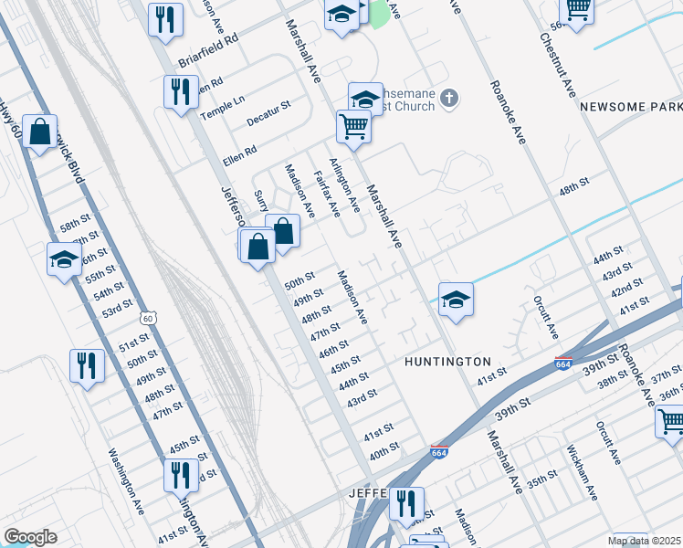 map of restaurants, bars, coffee shops, grocery stores, and more near 4902 Madison Avenue in Newport News