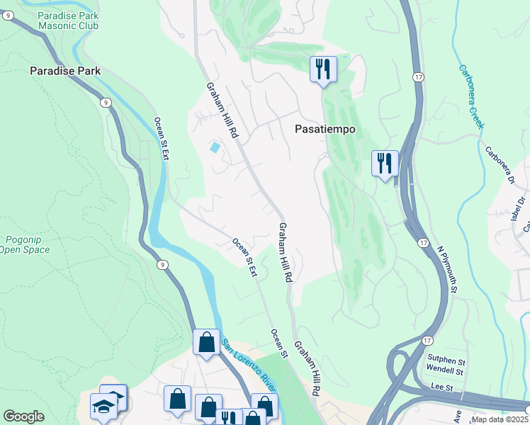 map of restaurants, bars, coffee shops, grocery stores, and more near 631 Graham Hill Road in Santa Cruz