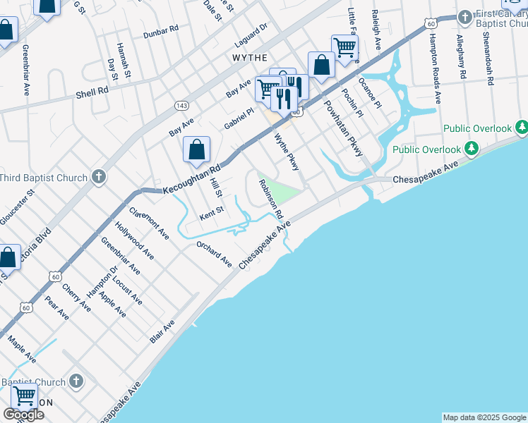 map of restaurants, bars, coffee shops, grocery stores, and more near 1615 Chesapeake Avenue in Hampton