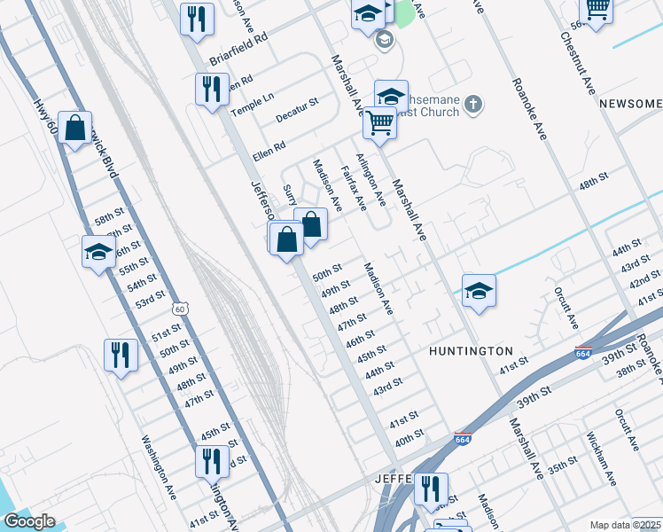 map of restaurants, bars, coffee shops, grocery stores, and more near 643 49th Street in Newport News