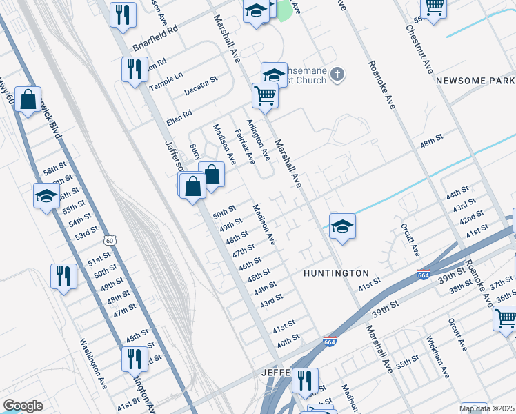 map of restaurants, bars, coffee shops, grocery stores, and more near 4908 Madison Avenue in Newport News