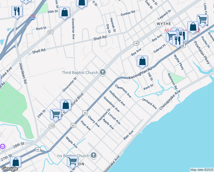 map of restaurants, bars, coffee shops, grocery stores, and more near 306 Hollywood Avenue in Hampton