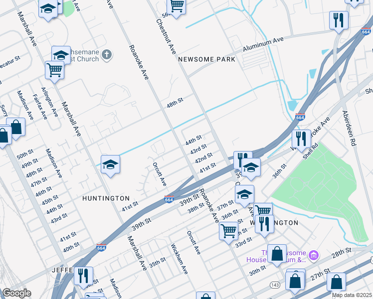 map of restaurants, bars, coffee shops, grocery stores, and more near 4306 Roanoke Avenue in Newport News