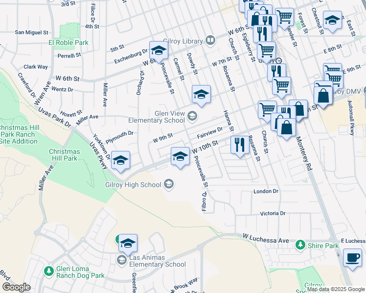 map of restaurants, bars, coffee shops, grocery stores, and more near 719 Gettysburg Way in Gilroy