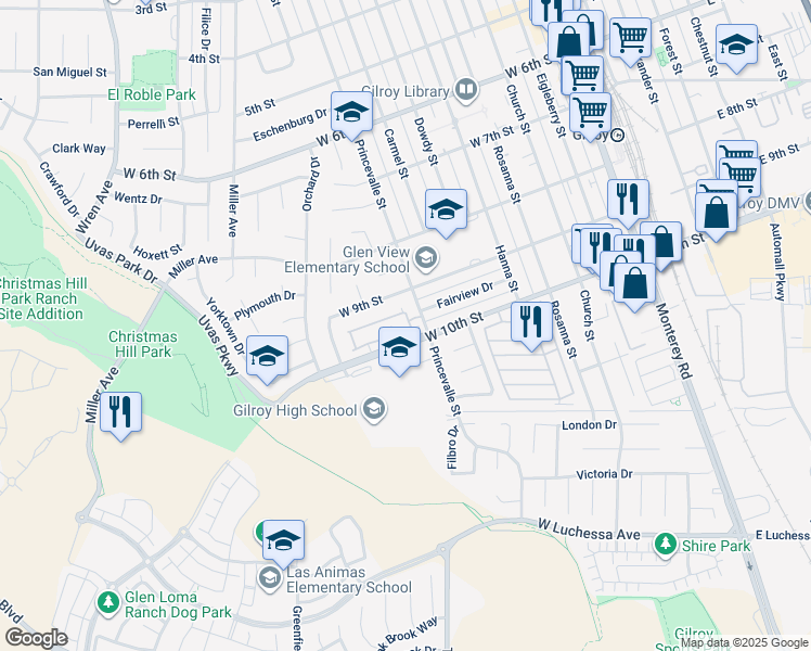 map of restaurants, bars, coffee shops, grocery stores, and more near 719 Gettysburg Way in Gilroy