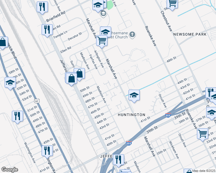 map of restaurants, bars, coffee shops, grocery stores, and more near 4908 Rochester Court in Newport News