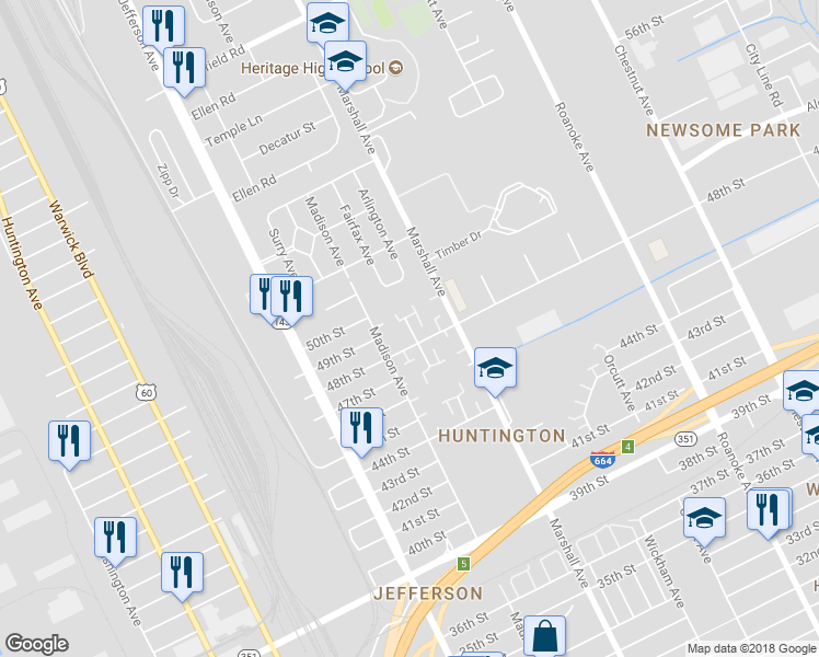 map of restaurants, bars, coffee shops, grocery stores, and more near 4923 Rochester Court in Newport News