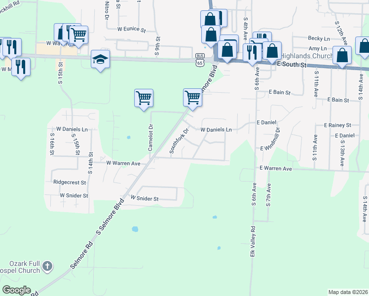 map of restaurants, bars, coffee shops, grocery stores, and more near 500 West Warren Avenue in Ozark