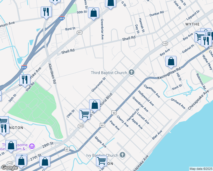map of restaurants, bars, coffee shops, grocery stores, and more near 907 Victoria Boulevard in Hampton
