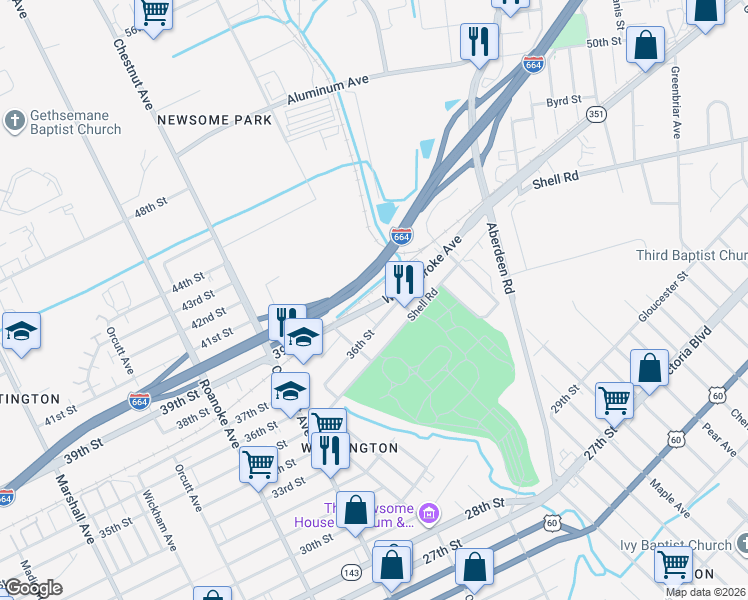 map of restaurants, bars, coffee shops, grocery stores, and more near 2604 West Pembroke Avenue in Hampton