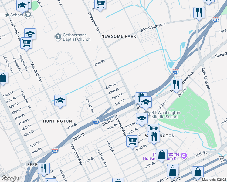 map of restaurants, bars, coffee shops, grocery stores, and more near 1132 42nd Street in Newport News