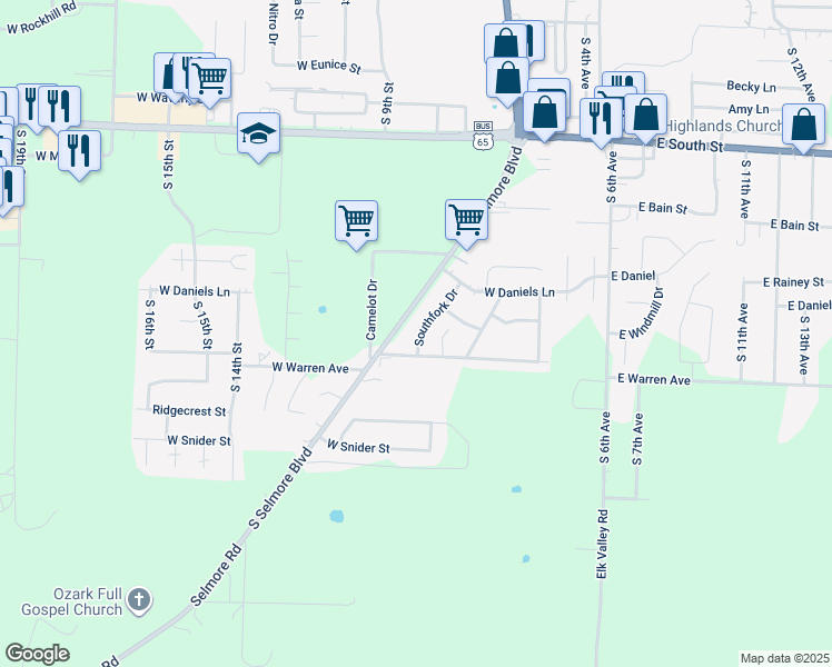 map of restaurants, bars, coffee shops, grocery stores, and more near 610 West Warren Avenue in Ozark