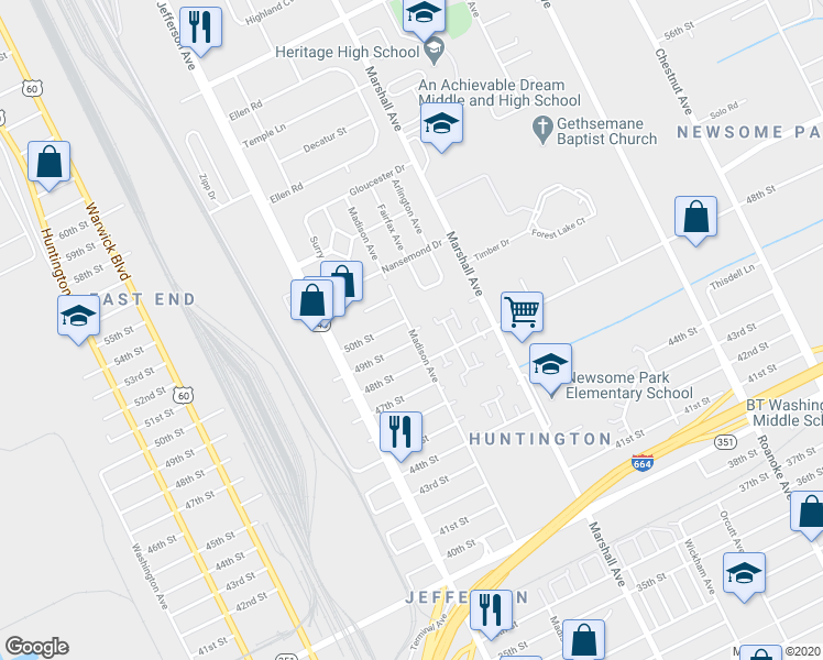 map of restaurants, bars, coffee shops, grocery stores, and more near 4926 Madison Avenue in Newport News