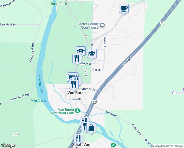 map of restaurants, bars, coffee shops, grocery stores, and more near 501 Broadway Street in Van Buren