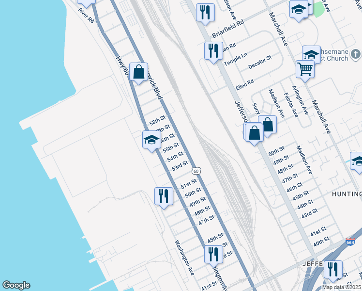 map of restaurants, bars, coffee shops, grocery stores, and more near 346 55th Street in Newport News