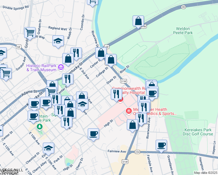 map of restaurants, bars, coffee shops, grocery stores, and more near 499 East 2nd Avenue in Bowling Green