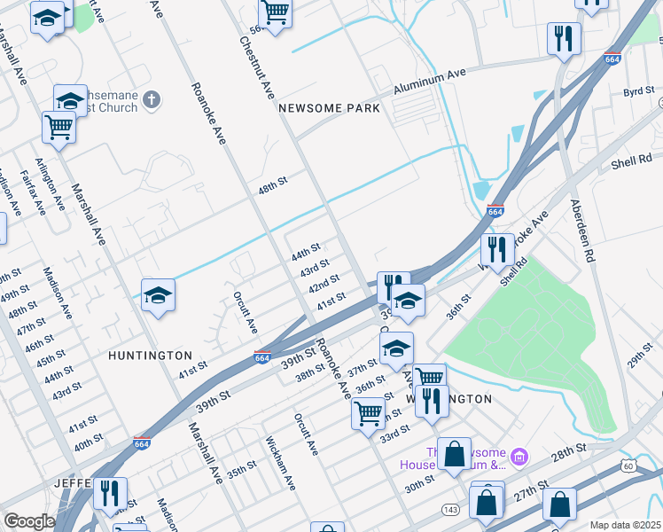 map of restaurants, bars, coffee shops, grocery stores, and more near 1146 44th Street in Newport News